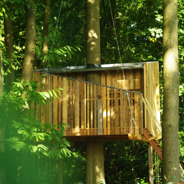 moderne houten boomhut in een bos